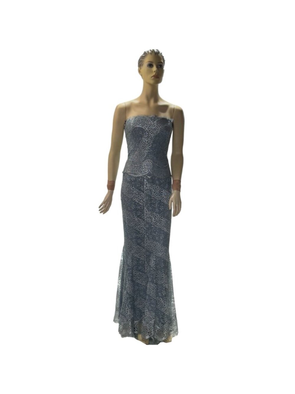 Rickie Freeman Teri Jon Women's Silver Gray Lace Strapless Evening Gown Size 16 - Picture 2 of 16